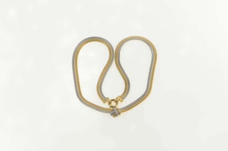14K White Gold Two Tone Box Mesh Knot Chain Statement Necklace