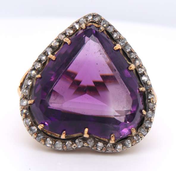 Vintage 14kt RG Heart Shaped Amethyst & Diamond Ring