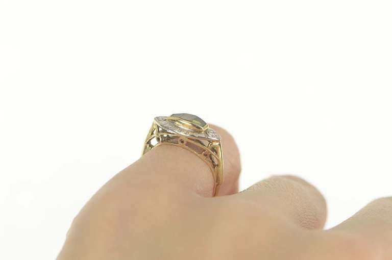 10K Yellow Gold Art Deco Green Tourmaline Diamond Accent Ring