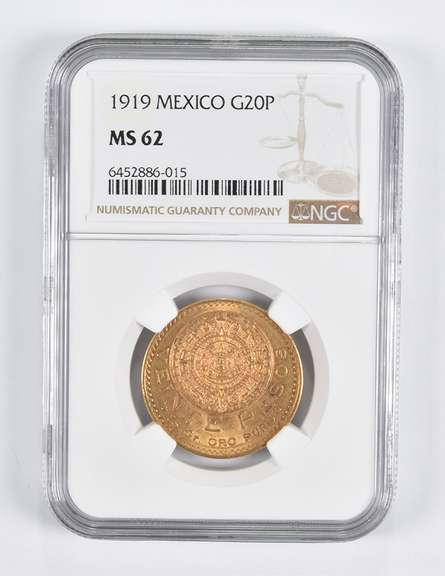MS62 1919 Mexico 20 Gold Pesos NGC