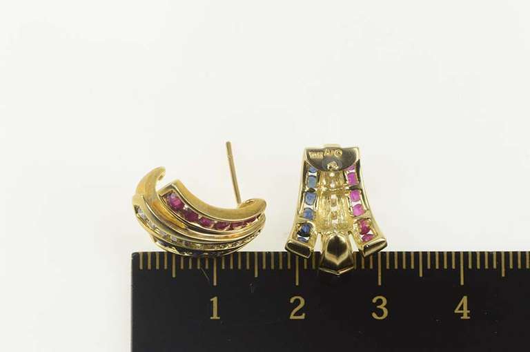 10K Yellow Gold Diamond Sapphire Ruby Channel Curved Stud Earrings
