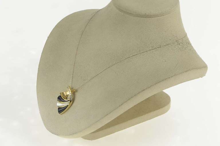 14K Yellow Gold Diamond Black Onyx Mother of Pear Abstract Pendant