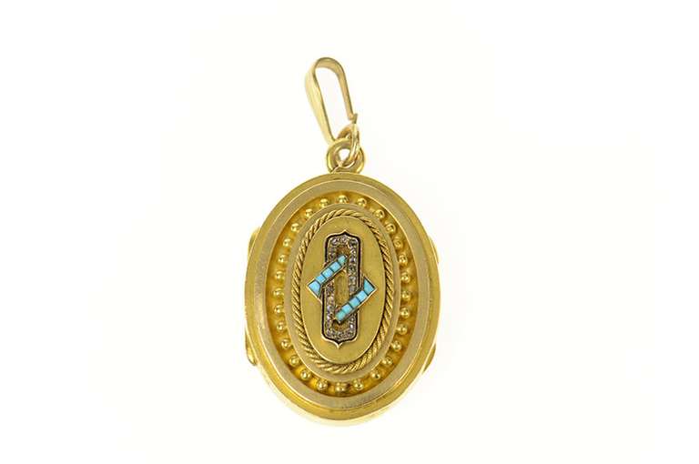 14K Yellow Gold Victorian Diamond Turquoise Ornate Locket Pendant