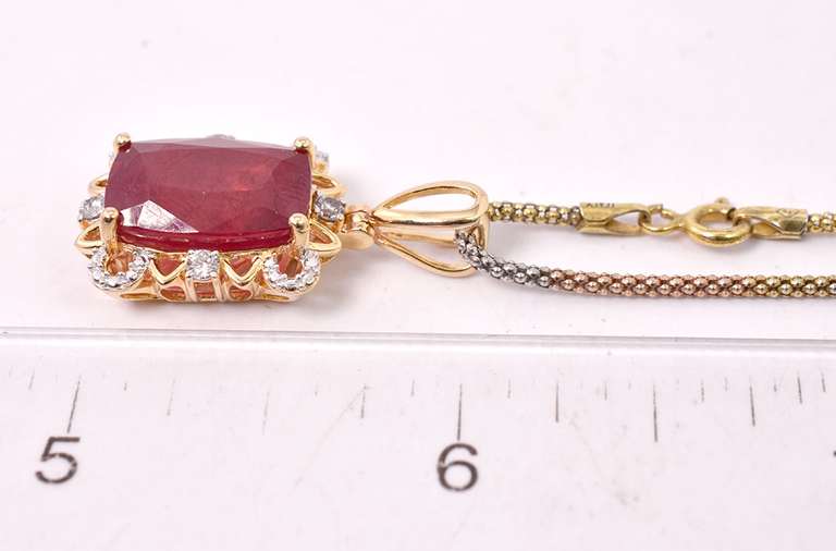 Radiant 10.63CTS Ruby and 0.19CTW Diamond Pendant Necklace in Gold Plated Sterling Silver