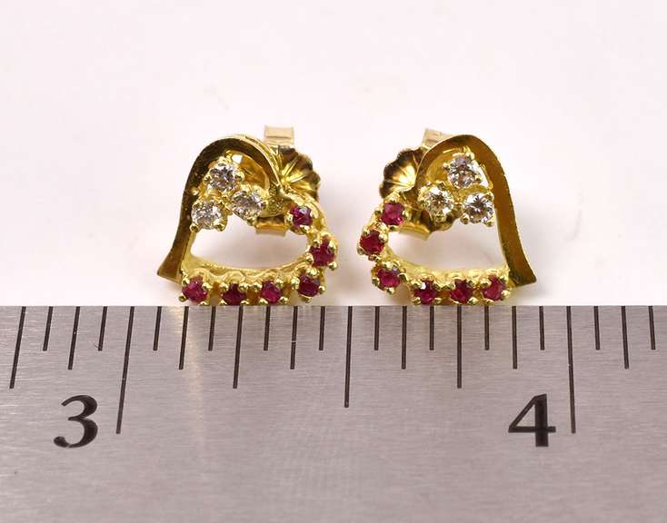 Beautiful Diamond and Ruby Heart Earrings in 14K Yellow Gold