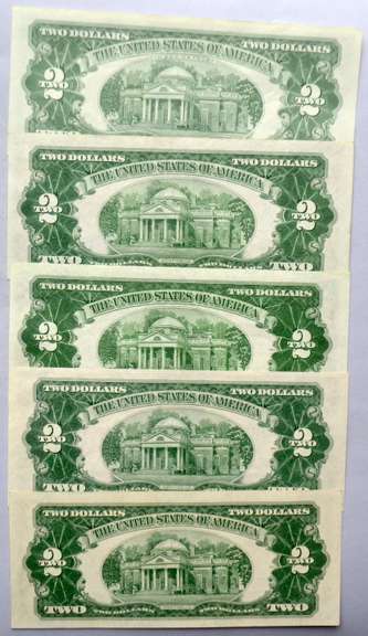 5 CH CU Red Seal $2 US Notes