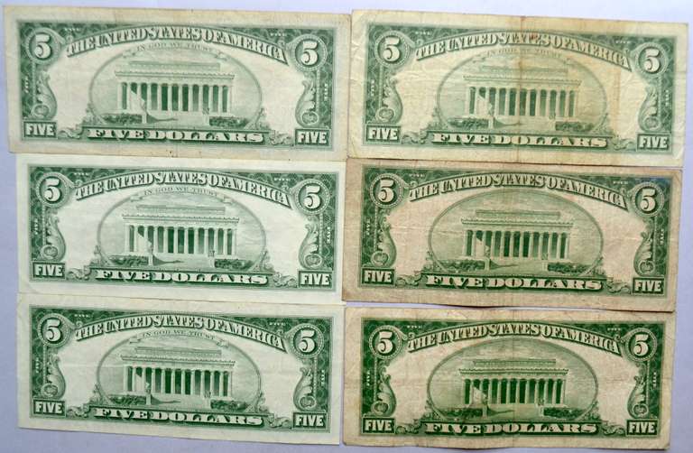 6 Circ Red Seal $5 US Notes