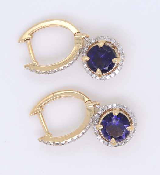 Attractive Yellow Gold Iolite and Diamond Halo Dangle Earrings