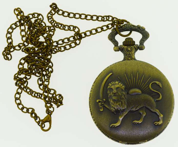Unisex Bronze Tone Pendant Necklace Lion and Sward Pocket Quartz Watch