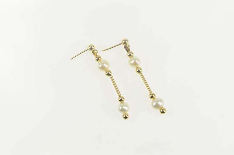14K Yellow Gold Pearl Beaded Bar Dangle Statement Earrings