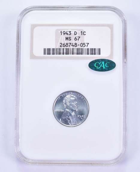 MS67 1943-D Lincoln Wheat Cent - CAC - Graded NGC