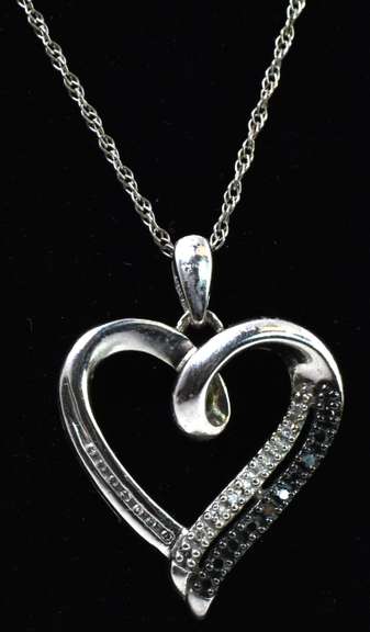 Sterling Silver Heart Necklace With Black Diamond Accents