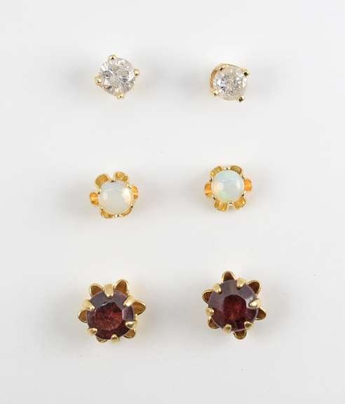 3 Pairs Stud Earrings-Diamond, Opal, & Garnet