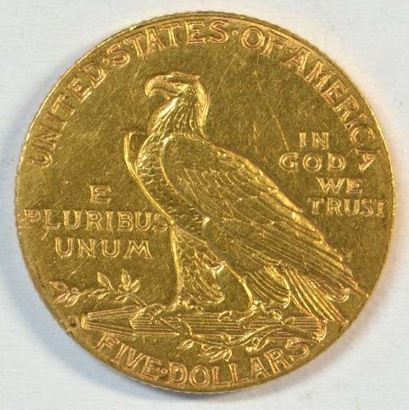 Key date 1916-S US $5 Indian Gold Piece. Near Mint
