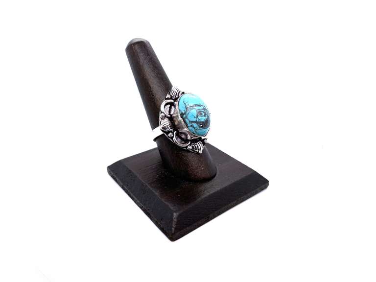 Oval Tibetan Turquoise in Ornate Silver Energy Ring