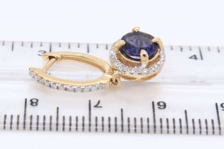 Attractive Yellow Gold Iolite and Diamond Halo Dangle Earrings