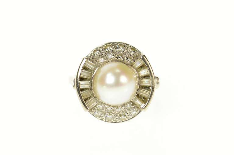 14K White Gold Classic Retro Pearl Diamond Halo Cocktail Ring