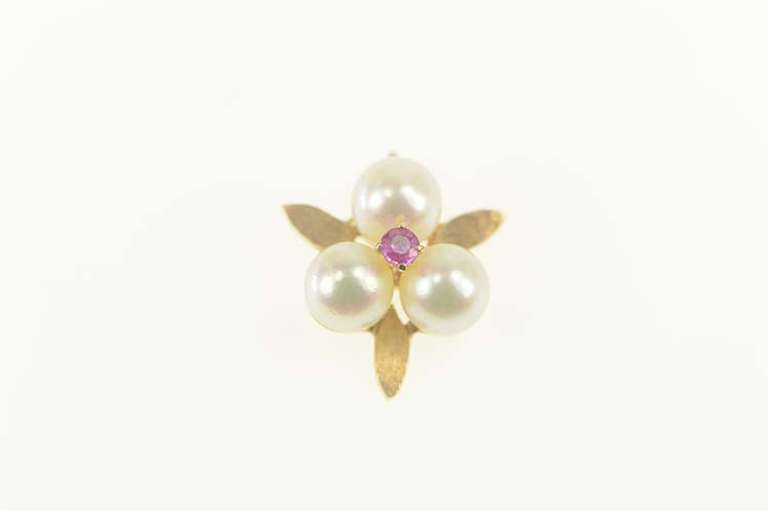 14K Yellow Gold Retro Pearl Syn. Ruby Flower Cluster Pendant