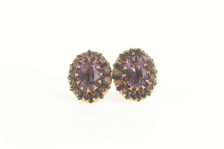 14K Yellow Gold Victorian Oval Amethyst Halo Screw Back Earrings