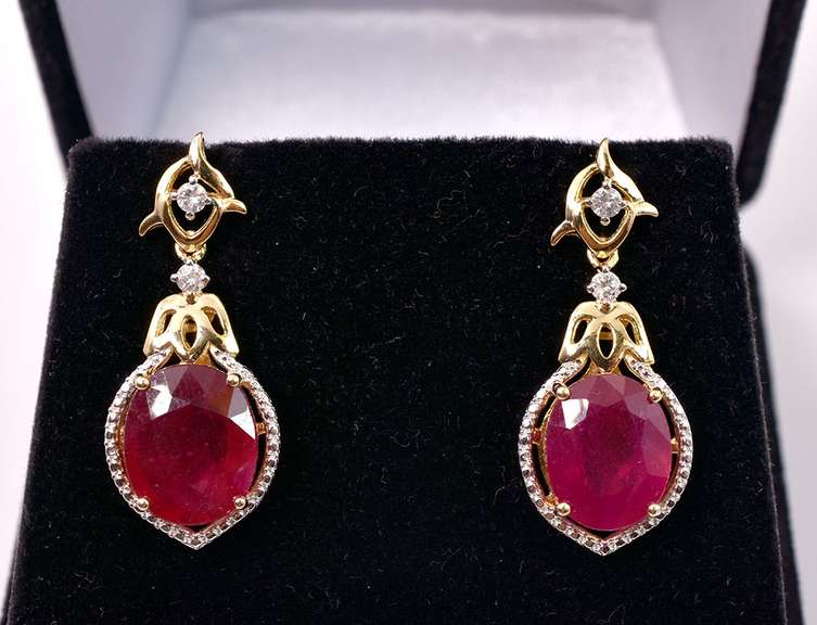 Ravishing 0.21CTW Diamond & 11.88CTW Ruby Earrings in Gold Plated Sterling Silver