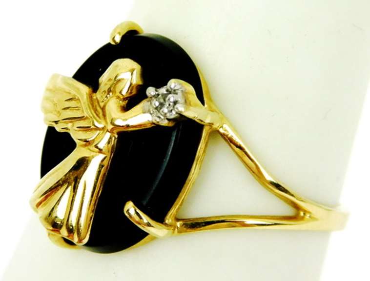 Vintage 10K Black Onyx & Diamond Angel Ring, 7.25