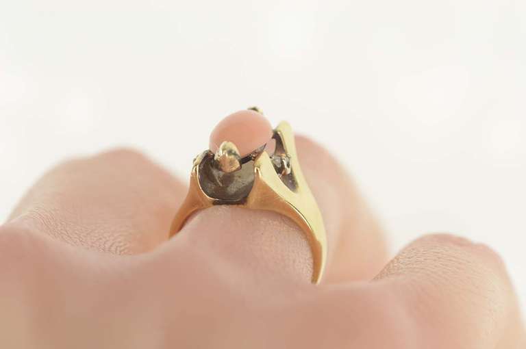 14K Yellow Gold 1960's Marquise Pink Coral Diamond Accent Ring