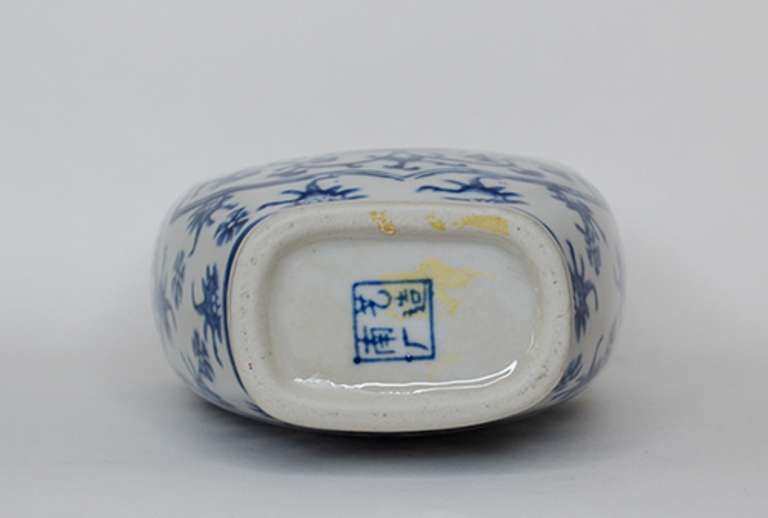 Rare Vintage Chinese Glazed White and Blue Porcelain Bucket or Basket Shape Vase With Vines and Floral Pattern