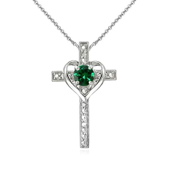 Sterling Silver Simulated Emerald Cross Heart Pendant Necklace