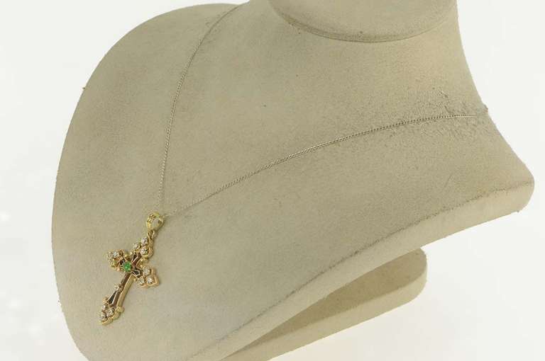 14K Yellow Gold 1.01 Ctw Diamond Emerald Cross Christian Pendant