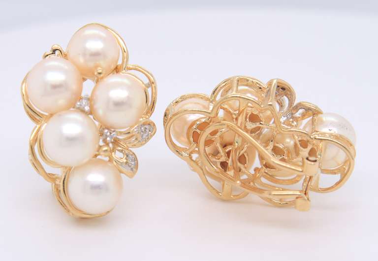 Incredible Yellow Gold Retro Pearl and Diamond Swirl Earrings and Ring Set