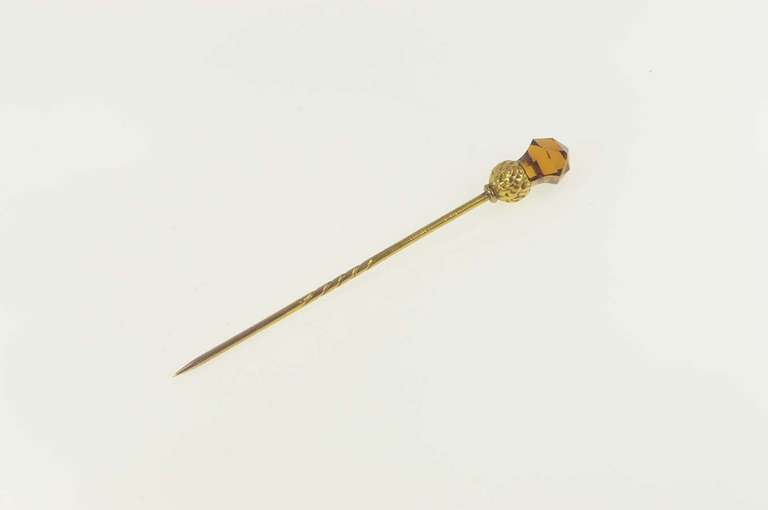14K Yellow Gold Victorian Faceted Sim. Citrine Acorn Ornate Stick Pin
