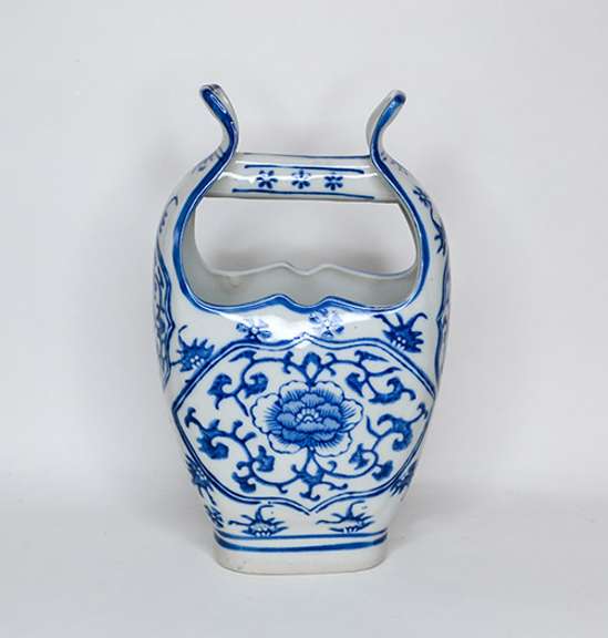 Rare Vintage Chinese Glazed White and Blue Porcelain Bucket or Basket Shape Vase With Vines and Floral Pattern