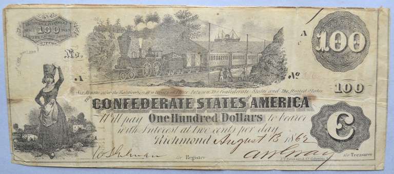 $100 CSA June 25 1862 Straight Steam Note
