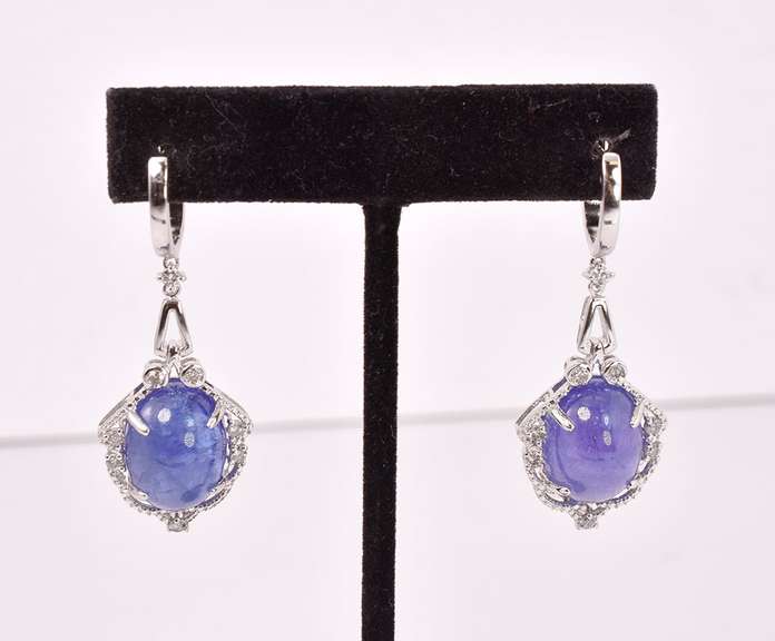 Dazzling Approx. 34.76CTW Cabochon-Cut Tanzanite and 0.70CTW Diamond Dangle Earrings in Sterling Silver