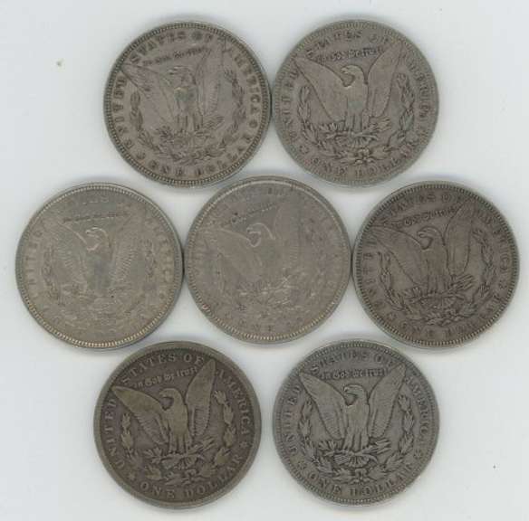 7 diff. Morgan Silver Dollars 1879 to 1901-O. Very nice circs