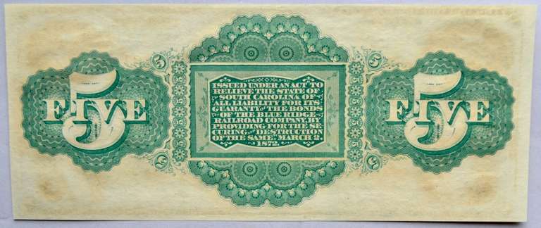 $ 5 State Of South Carolina Revenue Bond Scrip Mar 2 1872 Series. CH CU