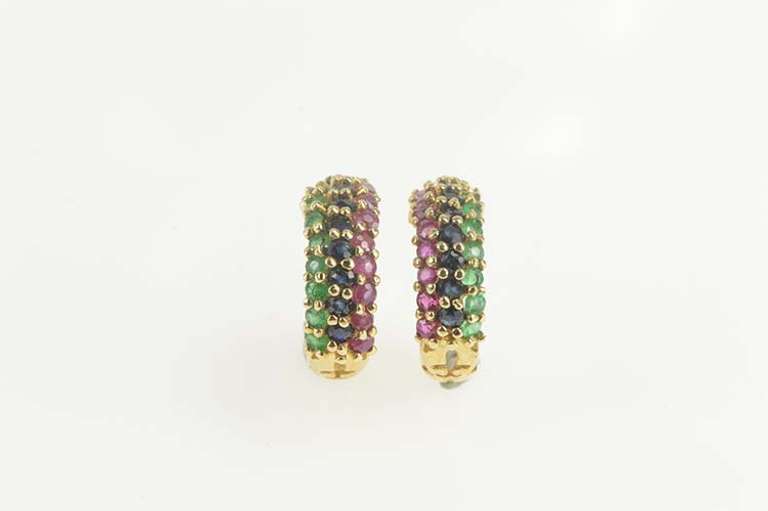 14K Yellow Gold Emerald Ruby Sapphire Encrusted Semi Hoop Earrings