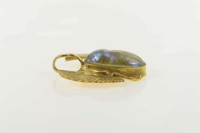 14K Yellow Gold Iridescent Glass Scarab Egyptian Life Symbol Pendant
