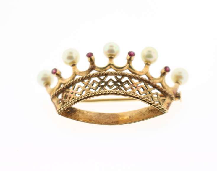 1920's Spinel and Pearl Crown Brooch in 18KT Yellow Gold