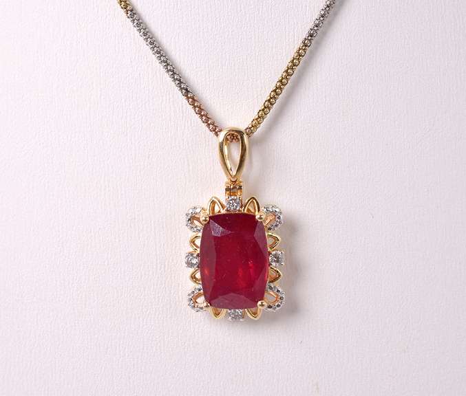 Radiant 10.63CTS Ruby and 0.19CTW Diamond Pendant Necklace in Gold Plated Sterling Silver