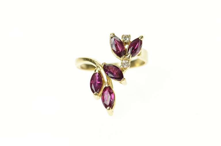 14K Yellow Gold Marquise Ruby Diamond Bypass Statement Ring