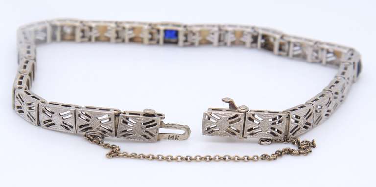 Vintage White Gold Art Deco Blue Sapphire and Diamond Station Bracelet