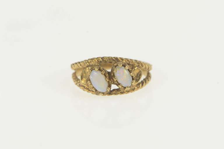 10K Yellow Gold Two Stone Opal Leaf Accent Statement Ring