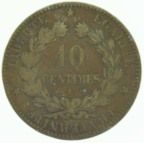 1872-K Republique Francaise 10 Cenntimes Liberte Egalite Fraternite Coin