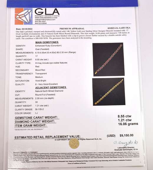 Radiant Approx. 8.55CTW Ruby & 1.21CTW Diamond Bracelet in Gold Plated Sterling Silver