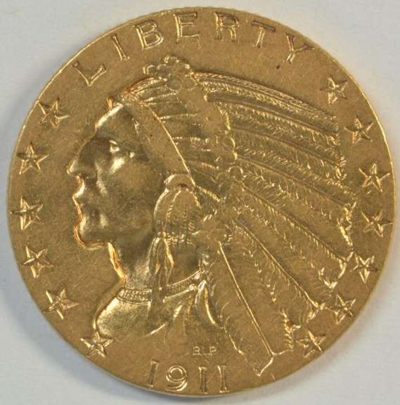 Rare key date 1911-S US $5 Indian Gold Piece in Choice AU.