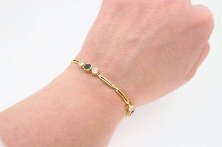 Estate 18k Yellow Gold Diamond & Blue Sapphire Line Bracelet