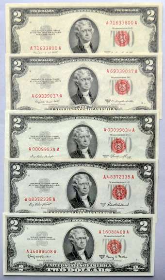5 CH CU Red Seal $2 US Notes