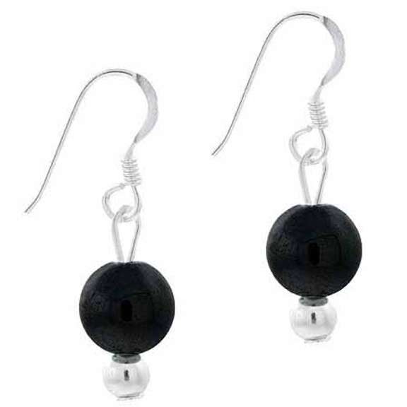 Sterling Silver 6mm Genuine Onyx Stone Bead Beaded Dangle Hook Earrings