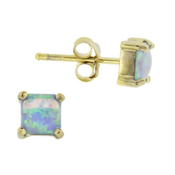 18k Gold over Silver Created Fiery Blue Opal 5mm Square Stud Earrings